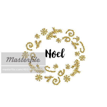 Christmas greeting card on white background with golden elements and text Noel