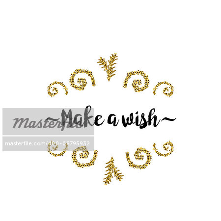 Christmas greeting card on white background with golden elements and text Make a wish