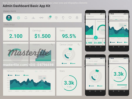 Flat design responsive Management and Administration Dashbord UI mobile app template on trendy subtle blurred background, with smartphone mockups and infographics charts kit