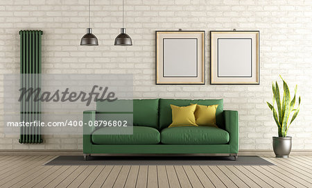 Modern living room with green sofa and vertical heater on brick wall - 3d rendering