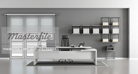 White and gray minimalist office with desk,bookcase and windows on background - 3d rendering