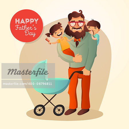 Father Day vector concept. Illustration with happy family father, daughter, son and small baby in the cradle. Hipster man with his children.