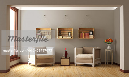 Living room with classic armchairs and wooden crates used as a bookcase - 3D Rendering