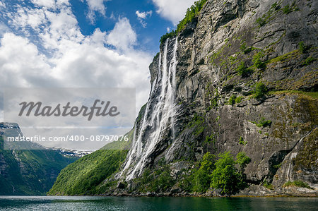 Geiranger fjord famous waterfalls, accessible only from water. Popular kayak trip destination. Geirangerfjord, Norway.