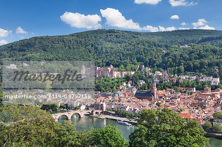 Old town with Karl-Theodor-Bridge (Old Bridge), Heilig Geist Church and Castle, Neckar River, Heidelberg, Baden-Wurttemberg, Germany, Europe