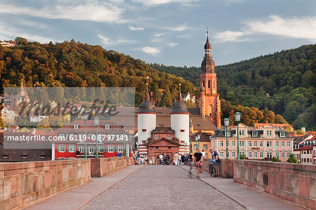 Old town with Karl-Theodor-Bridge (Old Bridge), Gate and Heilig Geist Church, Heidelberg, Baden-Wurttemberg, Germany, Europe