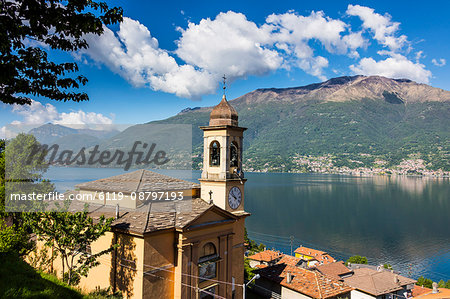 View of the bell tower and village of Dorio, Lake Como, Province of Lecco, Italian Lakes, Lombardy, Italy, Europe
