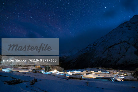 The Sherpa village of Phortse at night in the Khumbu Region, Nepal, Himalayas, Asia