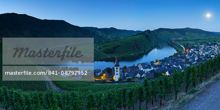 View of River Moselle at dusk, Bremm, Rhineland-Palatinate, Germany, Europe