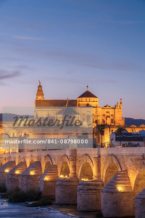 Roman Bridge in foreground and The Great Mosque (Mesquita) and Cathedral of Cordoba in the background, UNESCO World Heritage Site, Cordoba, Andalucia, Spain, Europe