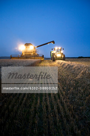 Combine and tractor in field at dusk