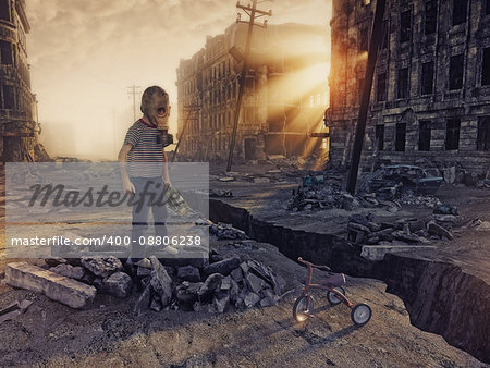 ruins of a city with and the boy  in the street. 3d illustration concept