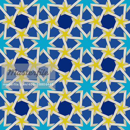 Vector Seamless Geometric Blue Yellow Islamic Interlacing Star Pattern Background