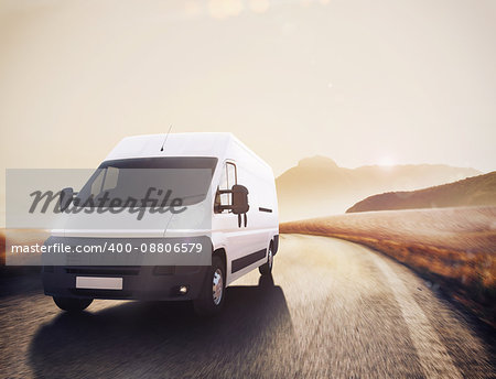 Truck on road in a natural landscape. 3D Rendering