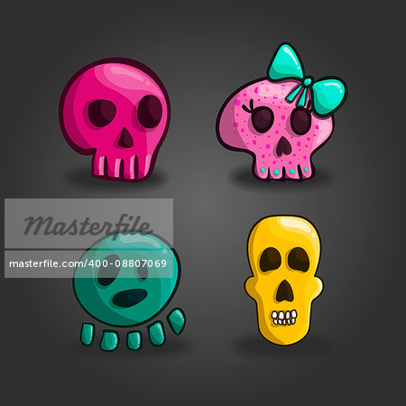 Set of cartoon skulls. Cute illustration for web design