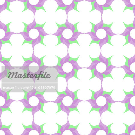 Trellis pattern of semitransparent violet twirled flowers with leaves on white background. Vector seamless repeat.