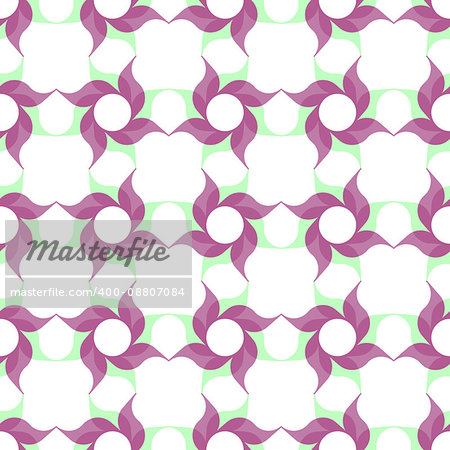 Trellis pattern of semitransparent purple twirled flowers with leaves on white background. Vector seamless repeat.