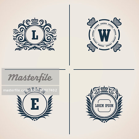 Calligraphic flourishes luxury monogram set. Line frame template logo for emblem. Patterns for design calligraphic menu, restaurant cafe, invitations, cards. Vintage vector line symbols L, W, E