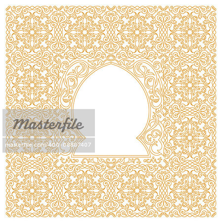 Eastern gold frame, mosque, arch. Template design elements in oriental style. Floral Frame for cards and postcards Eid al-Adha. Muslim invitations and decor for brochure, flyer, poster. Vector border