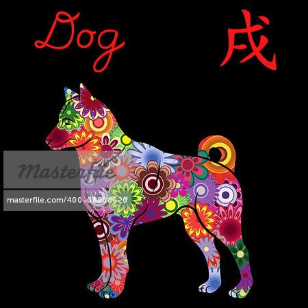 Chinese Zodiac Sign Dog, Fixed Element Earth, symbol of New Year on the Eastern calendar, hand drawn vector stencil with colorful flowers isolated on a black background