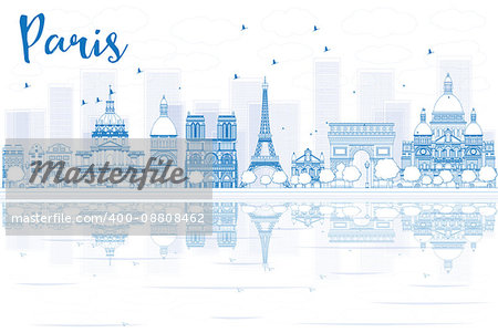 Outline Paris skyline with blue buildings and reflections. Vector illustration. Business travel and tourism concept with place for text. Image for presentation, banner, placard and web site.