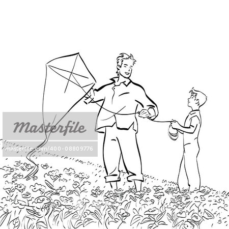 Dad and son flying a kite. Black and white vector illustration