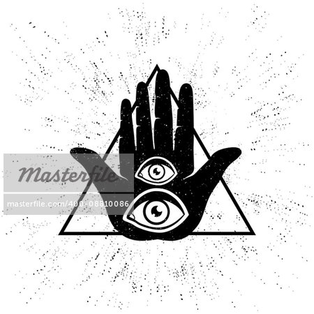 Vintage vector illustration of hand and eyes. Hand and two eyes