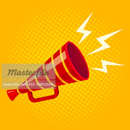 Vector vintage poster with red retro megaphone. Megaphone on yellow halftone background