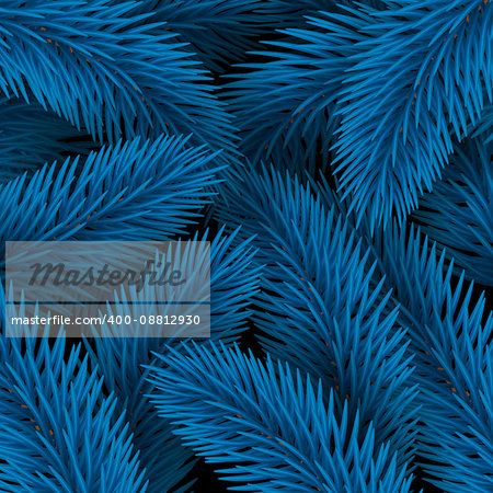 Elegant Christmas background. Blue vector illustration with fir branches for xmas design. Happy New Year Vector seamless pattern with pine branches. Forest texture.