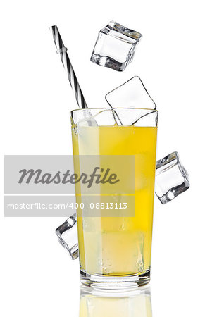 Glass of orange soda drink cold with ice cubes and straw on white background