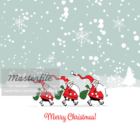 Santa brothers in winter forest. Christmas card. Vector illustration