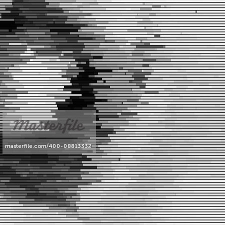 Glitch abstract background with distortion effect, bug, error, random horizontal black and white, monochrome lines for design concepts, posters, wallpapers, presentations, prints. Vector illustration.