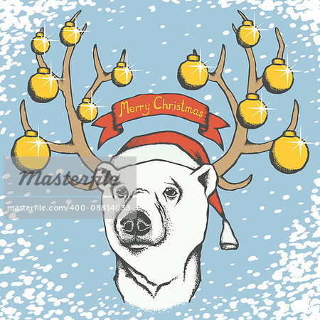 Polar bear vector illustration. Christmas Polar bear in Santa hat. Illustration of polar bear and Merry Christmas inscription