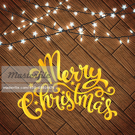 Merry Christmas card with handdrawn lettering, with snow, icicles and pine tree, vector illustration.