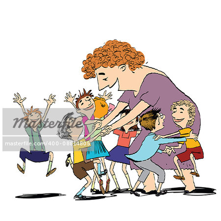 Children and nanny or teacher. Kindergarten, school and education. Big family