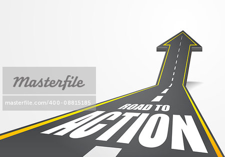 detailed illustration of a highway road going up as an arrow with Road to Action text, eps10 vector