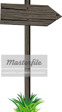 Wooden signboard arrow template in grunge style and green grass isolated on white background. Road sign.
