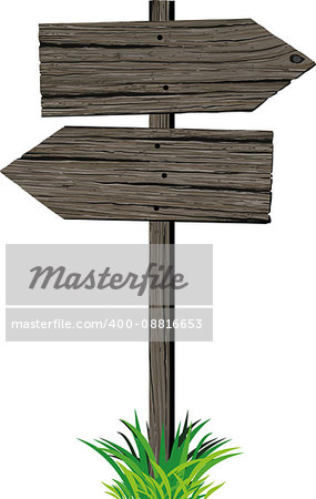 Wooden pattern sign two arrows in different directions in grunge style and green grass isolated on white background. Road sign.