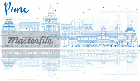 Outline Pune Skyline with Blue Buildings and Reflections. Vector Illustration. Business Travel and Tourism Concept with Historic Architecture. Image for Presentation Banner Placard and Web Site.