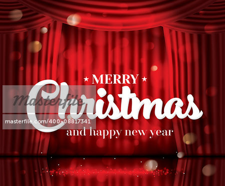 Merry Christmas and Happy New Year.Open Red Curtains with Neon Lights and Copy Space. Vector Illustration. Theater, Opera or Cinema Scene. Light on a Floor.