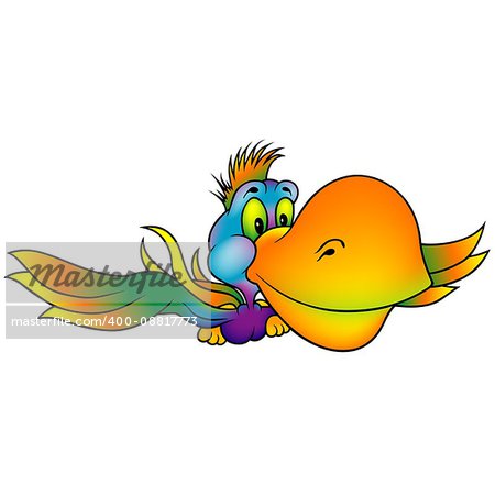 Flying Colorful Parrot with Big Orange Beak - Colored Cartoon Illustration, Vector