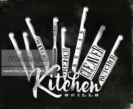 Poster meat cutting knifes butcher, french, bread, paring, fork, boning, cleaver, filleting in vintage style drawing with chalk on chalkboard background