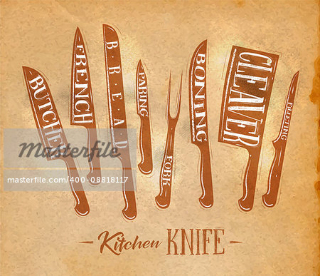 Poster kitchen meat cutting knifes butcher, french, bread, paring, fork, boning, cleaver, filleting drawing in retro style on craft paper background