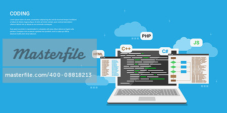 flat style banner design, coding, programming, application development concept