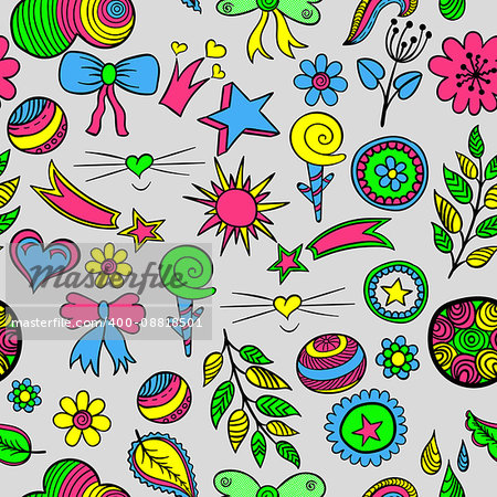 Vector seamless pattern of fashionable patches elements like heart, flower, drop, leaf, star, sun. Vector colorful hand drawn cute and funny stikers kit. Modern doodle pop art sketch badges and pins