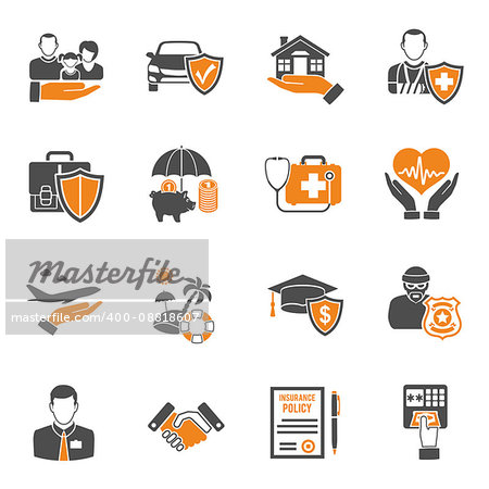 Insurance services two color icon Set such as House, Car, Medical and Business. isolated vector illustration