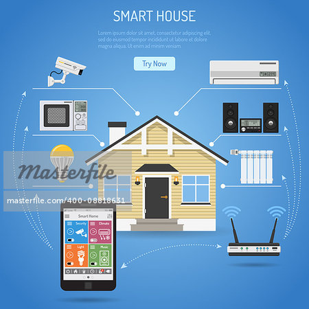 Smart House and internet of things concept. smartphone controls smart home like security cam, light air conditioning radiator and music center flat icons. vector illustration