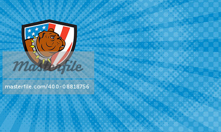 Business card showing Illustration of a bulldog head looking to the side set inside shield crest with usa american stars and stripes flag in the background done in cartoon style.