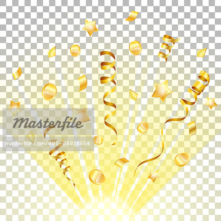 Birthday Background with Gold Streamer and Confetti on transparent background, isolated vector illustration