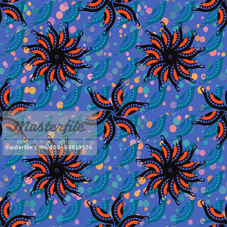 Abstract Tile Seamless Background, Ornament with Symbolical Colorful Floral Patterns.